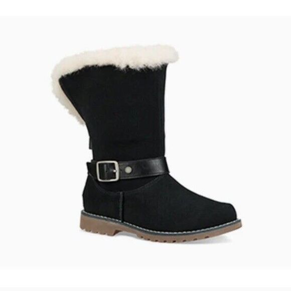 UGG Nessa Black Suede Boots Fur Trim Buckle Warm Kids School Comfy Zip size 2 - Picture 1 of 12